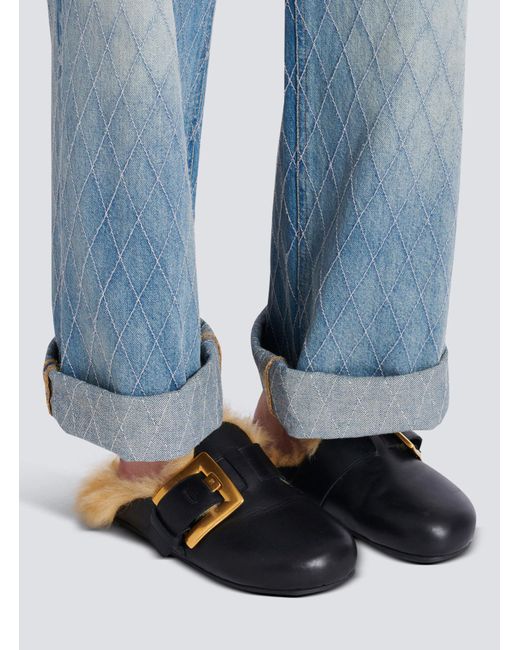 Balmain Black Flat Leather And Faux Fur Mules
