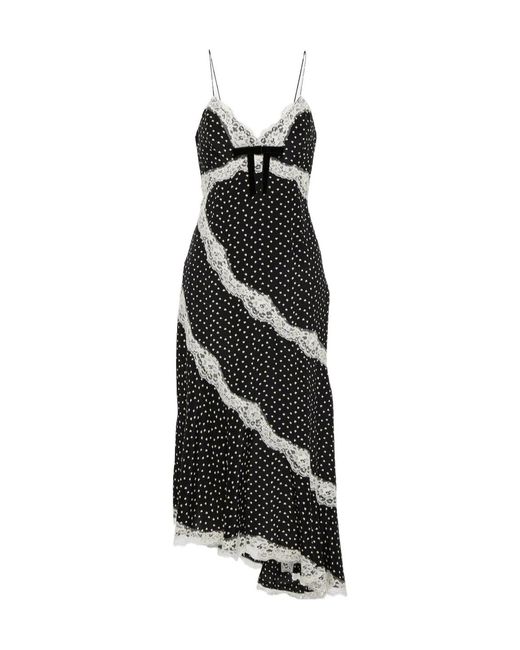 Alessandra Rich Black Lace-Trimmed Polka-Dot Silk Midi Dress