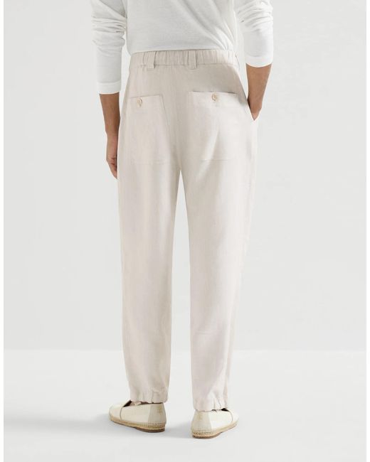 Brunello Cucinelli White Linen Micro Chevron Trousers With Drawstrings for men