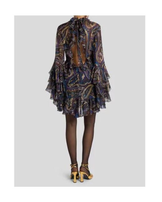 Etro Black Paisley Foliage Motif Ruffled Mini Dress