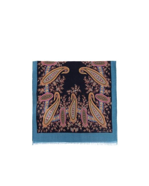 Etro Blue Paisley Printed Raw Edge Scarf