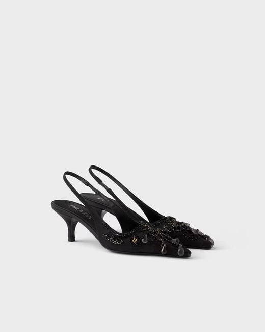 Prada Black Embroidered Satin Slingback Pumps