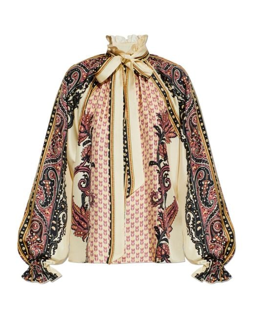 Etro Brown Scarf And Floral Geometric Motif Twill Blouse