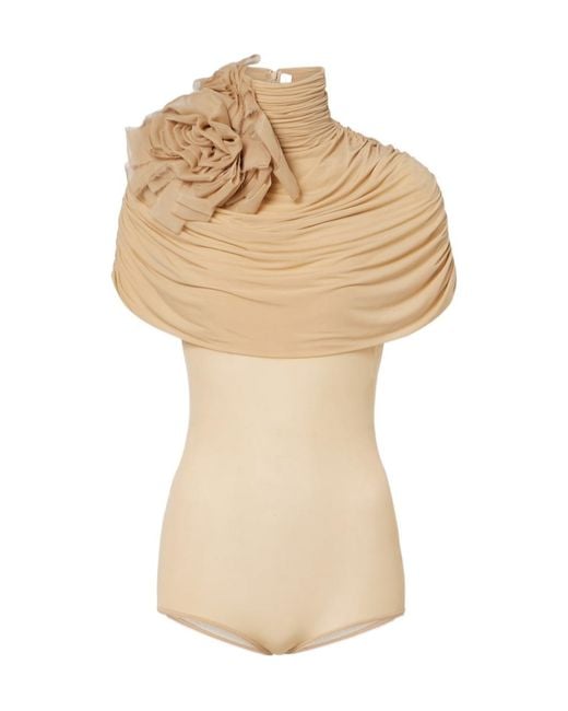 Magda Butrym Natural Floral-Appliqué Caped Jersey Bodysuit