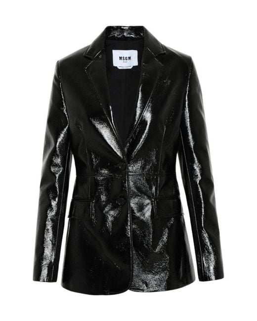 MSGM Black Faux-Leather Single-Breasted Blazer