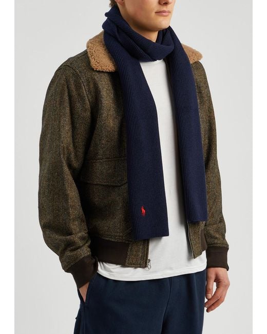 Polo Ralph Lauren Blue Logo-Embroidered Ribbed Wool Scarf for men
