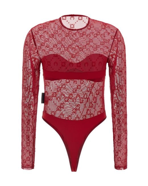 MARINE SERRE Red Monogram Mesh Flock Bodysuit Top