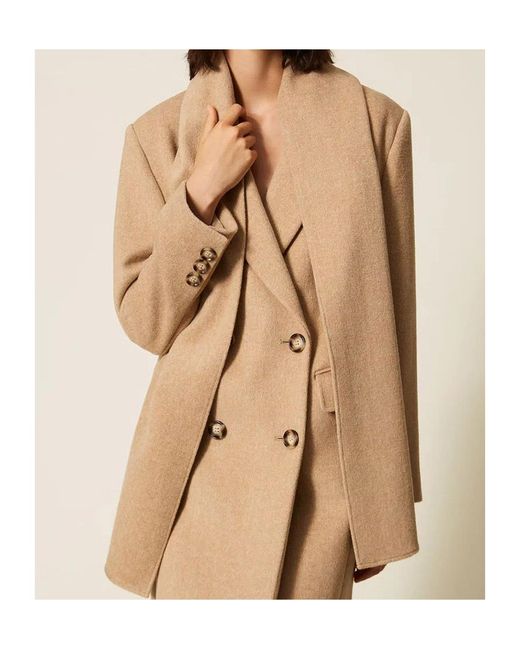 Twinset Natural Velvet-Finish Wool Coat