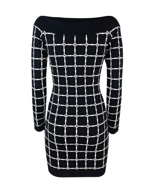 Elisabetta Franchi Blue Boat Neckline Logo Jacquard Dress
