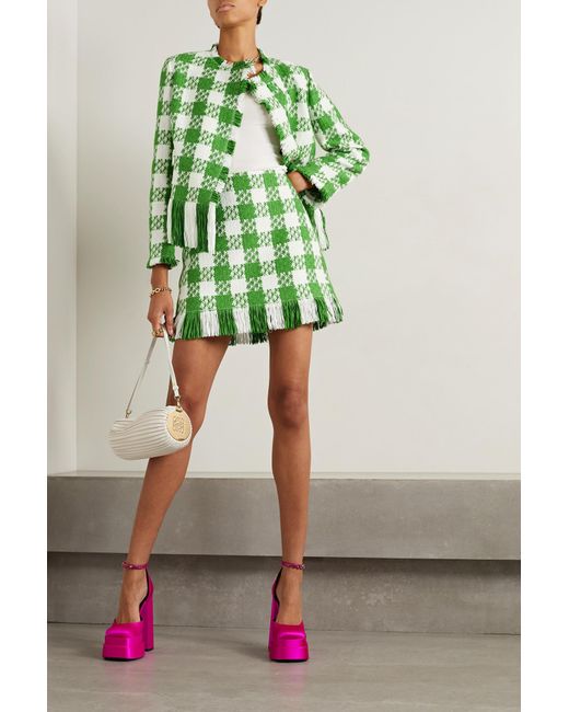 Oscar de la Renta Green Fringed Checked Cotton-Blend Tweed Mini Skirt