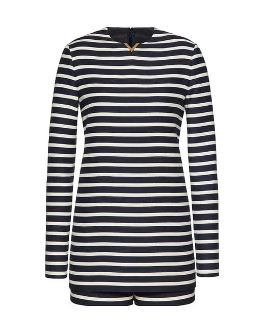Valentino Black Logo Plaque Striped Crewneck Jumpsuit
