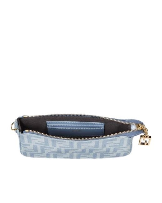 Fendi Blue Baguette Zipped Denim Pouch