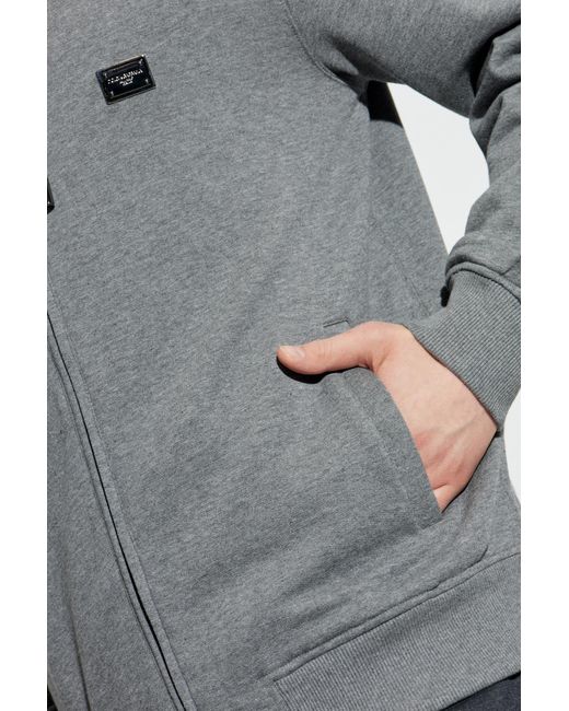 Dolce & Gabbana Gray Logo Plaque Zipped Drawstring Hoodie for men