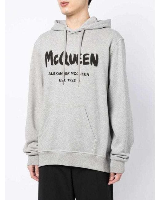 McQueen Gray Logo Print Drawstring Hoodie for men
