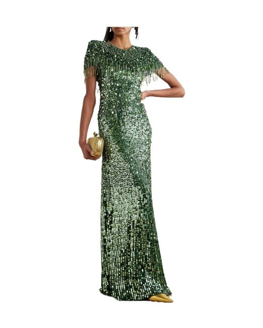 Jenny Packham Green Embellished Satin Gown