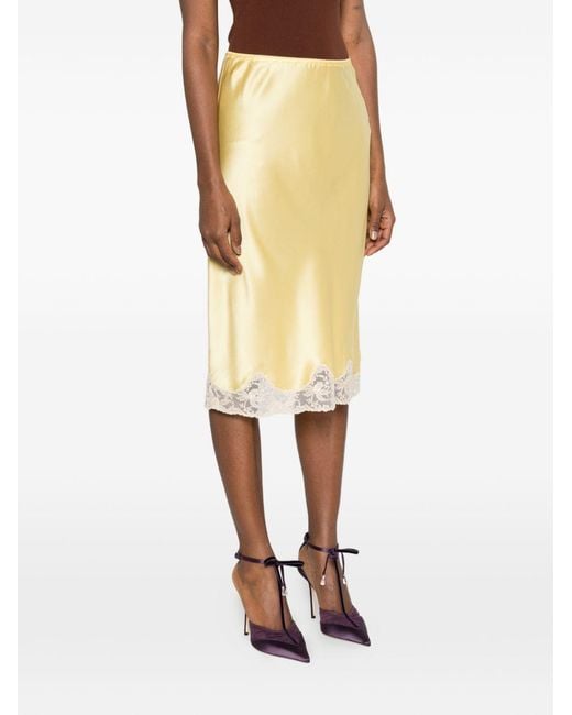 Saint Laurent Natural Lace-Trim Satin Midi Skirt