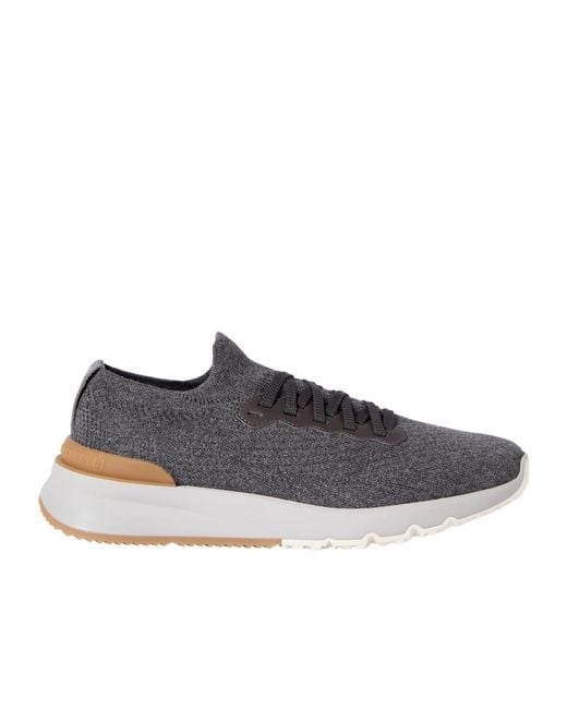 Brunello Cucinelli Blue Cotton Knit And Semi-Polished Calfskin Runners for men