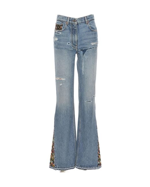Valentino Blue Floral Panelled Flared Jeans