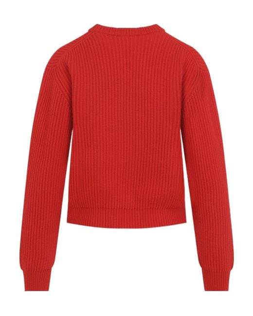 Jil Sander Red Ribbed Crew-Neck Knitted Sweater