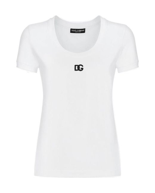 Dolce & Gabbana White Logo Embroidered Crewneck T-Shirt