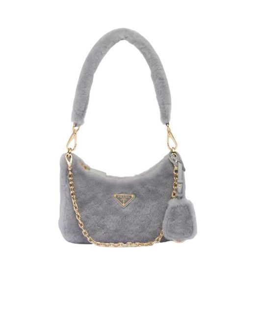Prada Gray Logo Plaque Zipped Shoulder Bag