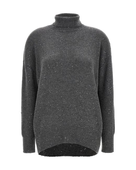 Brunello Cucinelli Gray Turtleneck Sequin Embellished Knitted Jumper