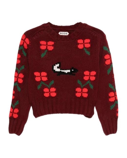 Bode Red Skunk-Jacquard Crew-Neck Jumper
