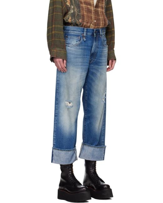 R13 Blue Cuffed X-Boyfriend Distressed Mid-Rise Wide-Leg Jeans