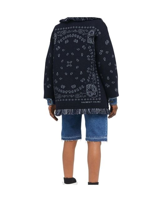 Alanui Blue Paisley-Jacquard Fringe Coat