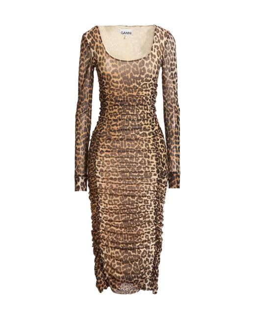 Ganni Natural Leopard Print Long Sleeve Dress