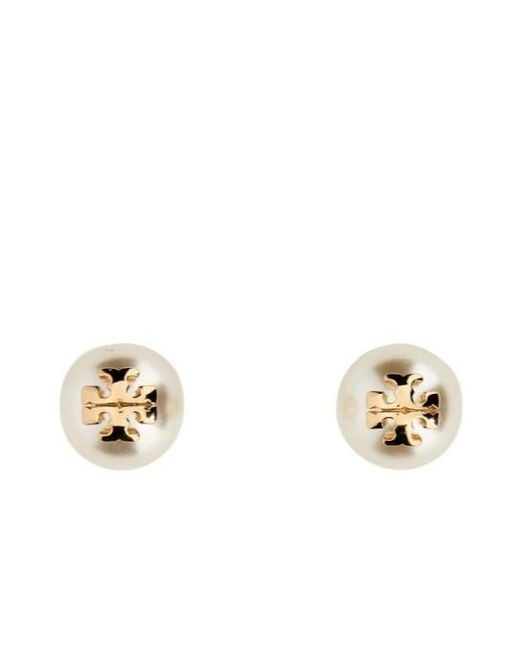 Tory Burch Metallic Kira Logo Plaque Pearl Earrings