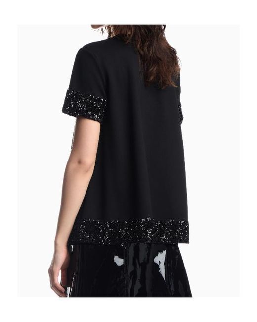 Emporio Armani Black Short-Sleeved Viscose Jumper With Sequined Cuffs And Hem