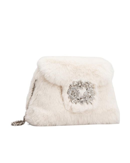 Roger Vivier Natural Buckle Faux Fur Clutch Bag