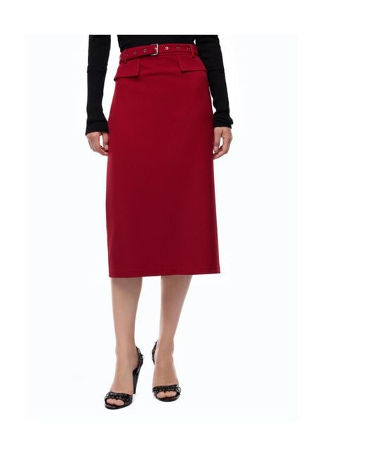 Pinko Red Belted Slit-Detail Midi Skirt