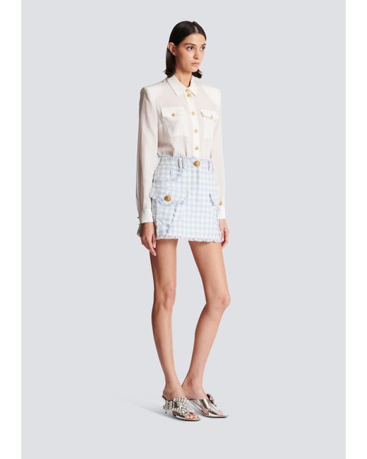 Balmain White Gingham Tweed A-Line Skirt