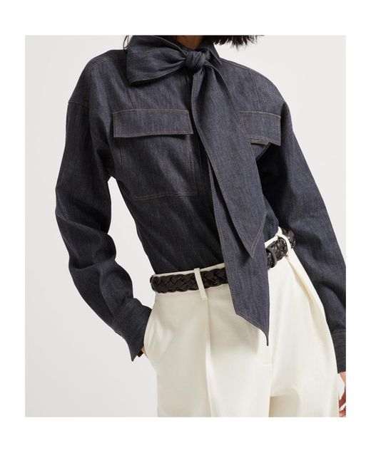 Brunello Cucinelli Blue Lightweight No-Fade Denim Pussybow Shirt