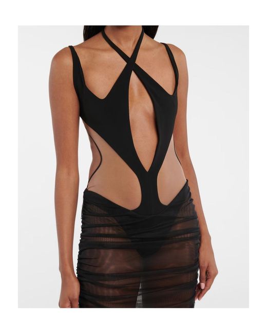 Mugler Black Sheer Stretch Knit Dress