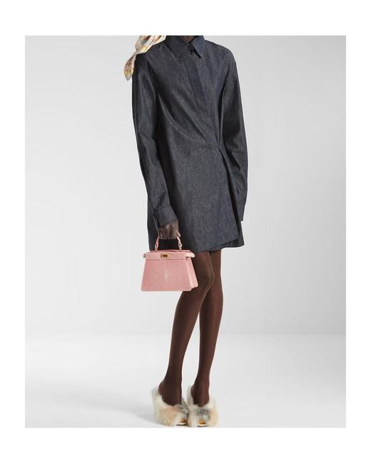 Fendi Blue Asymmetrical Cross-Over Fasten Belted Shirt Dress
