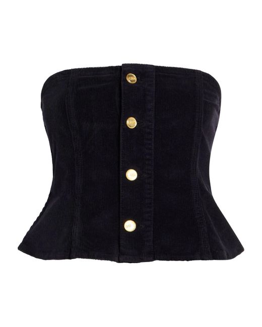 Ganni Blue Solid Color Corduroy Off-Shoulder Top