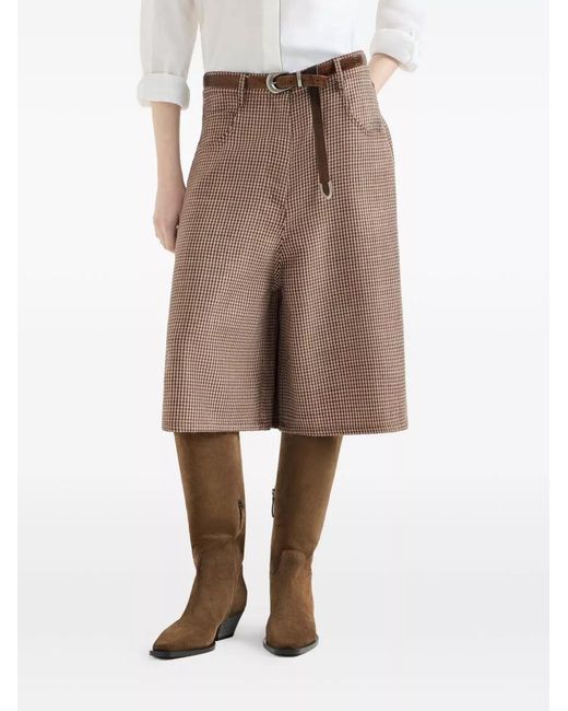 Brunello Cucinelli Brown Sparkling Virgin Wool Houndstooth Long Bermuda Shorts With Monili