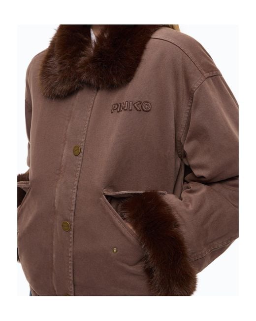 Pinko Brown Cotton Pea Coat With Faux Fur Details