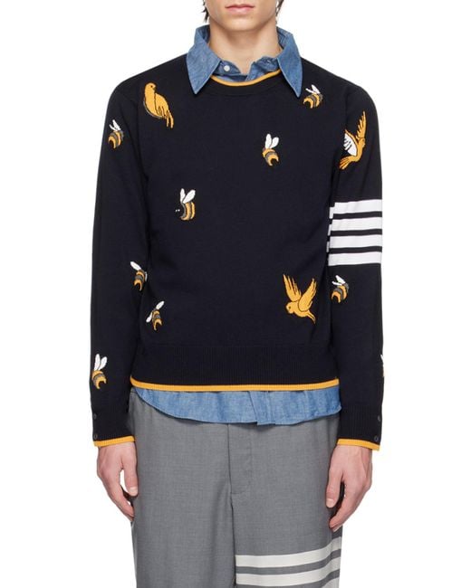 Thom Browne Blue Fine Knit Crewneck Jumper for men