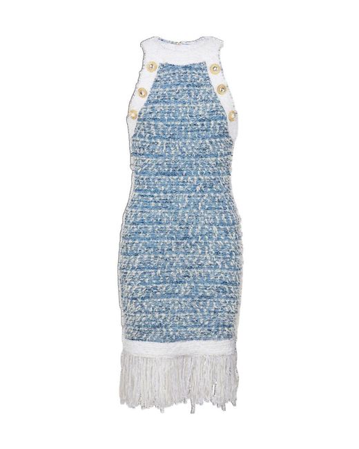 Balmain Blue Fringed Denim Tweed Dress