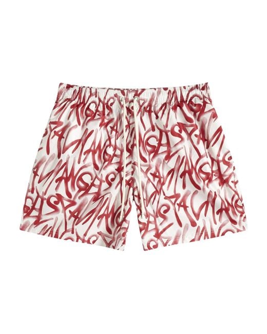Palm Angels Red Graffiti Printed Drawstring Swim Shorts for men