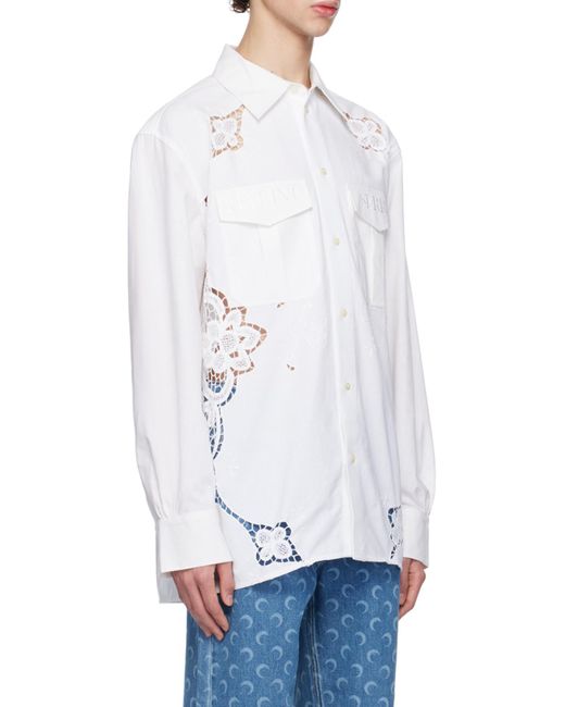 MARINE SERRE White Crochet-Panel Embroidered Long-Sleeved Shirt