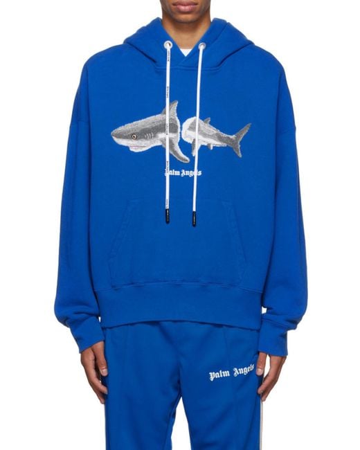 Palm Angels Blue Shark Logo Drawstring Hoodie for men
