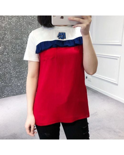 Prada Red Color Matching Design Lotus Leaf Edge T-Shirt