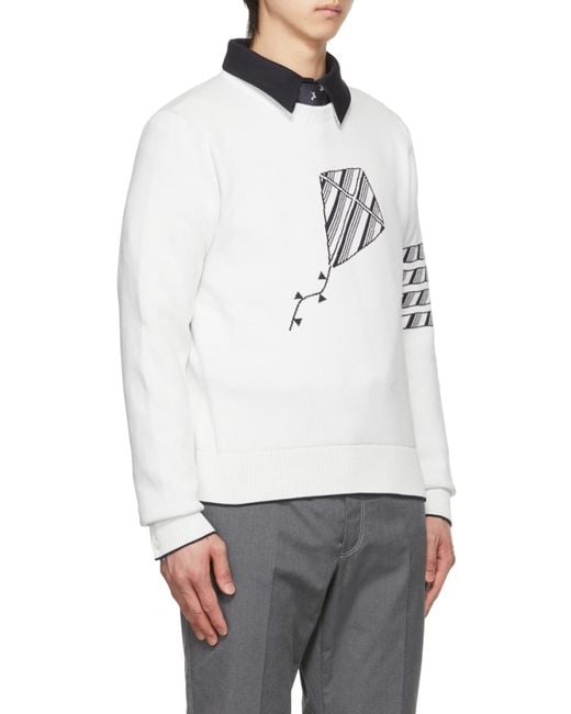 Thom Browne White Pullover W/ Kite Icon Jacquard 4Bar for men