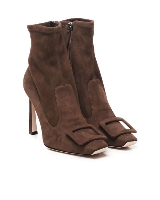 Roger Vivier Brown Square Buckle Heeled Ankle Boots