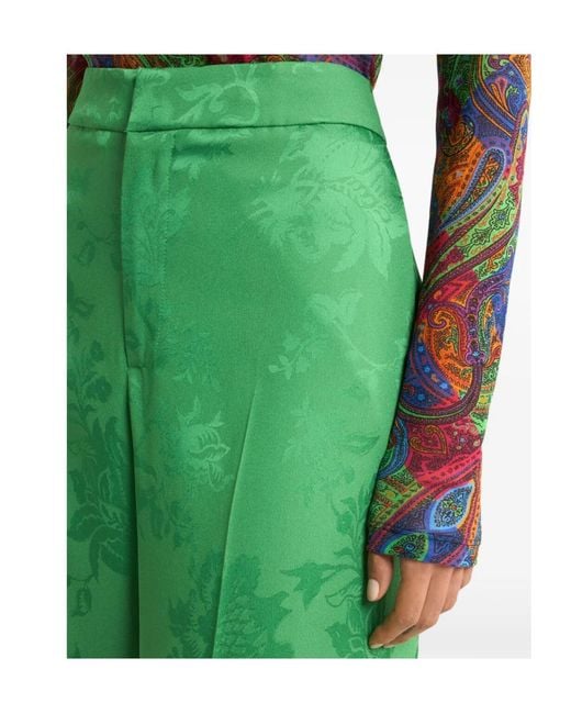 Etro Green Wide-Leg Jacquard Trousers With Floral Motif